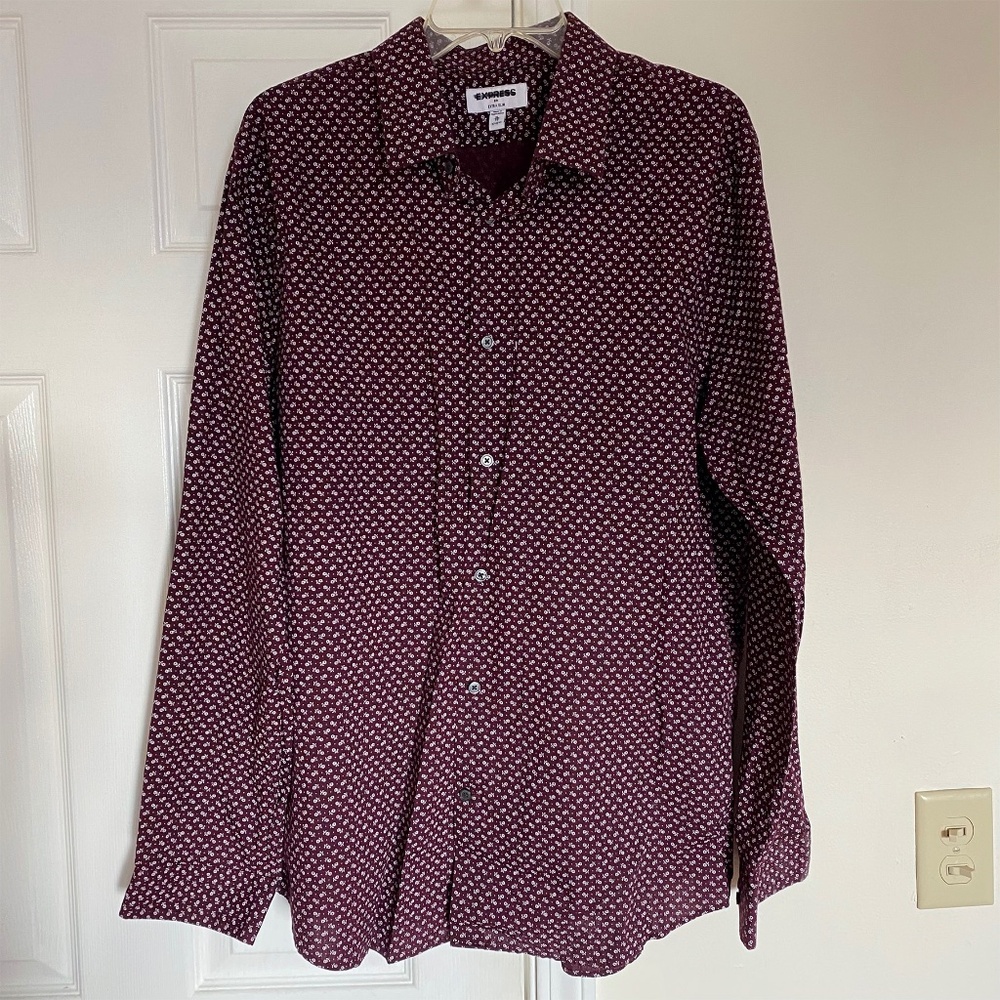 Express Men's 100% Cotton Button Down Shirt - Maroon - XL - Extra Slim Fit